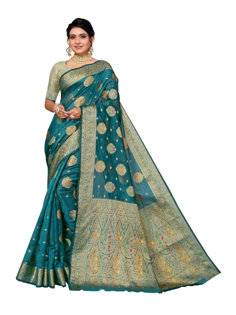 

Nimayaa Teal & Gold-Toned Woven Design Organza Saree