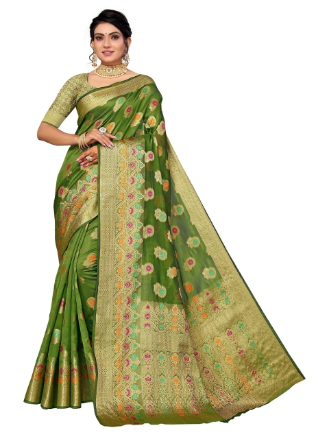 

Nimayaa Green & Gold-Toned Woven Design Zari Organza Saree