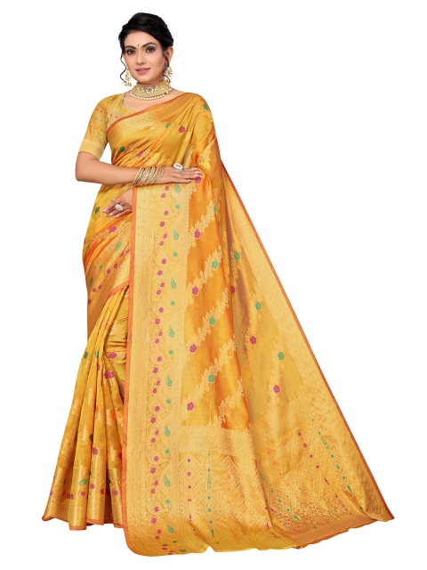 

Nimayaa Yellow & Gold-Toned Woven Design Zari Organza Saree