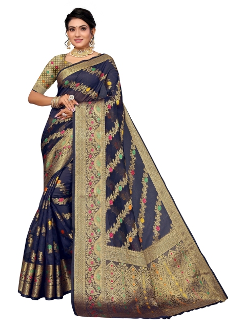 

Nimayaa Navy Blue & Gold-Toned Woven Design Zari Organza Saree