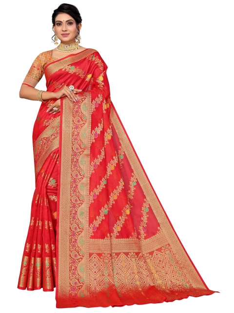 

Nimayaa Red & Gold-Toned Woven Design Zari Organza Saree