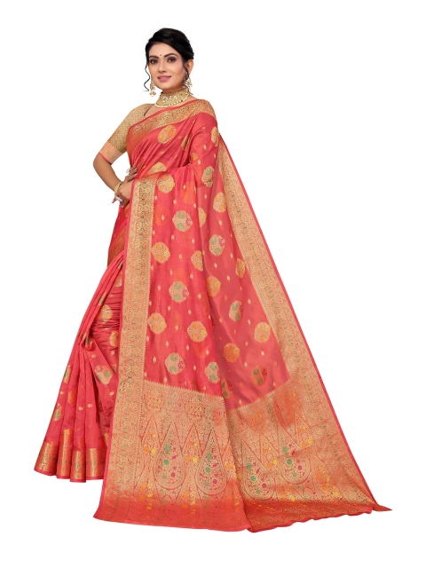 

Nimayaa Pink & Gold-Toned Woven Design Zari Organza Saree