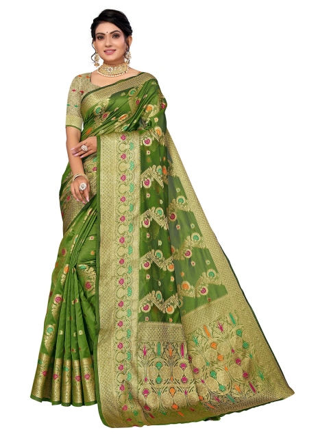 

Nimayaa Green & Gold-Toned Woven Design Zari Organza Saree