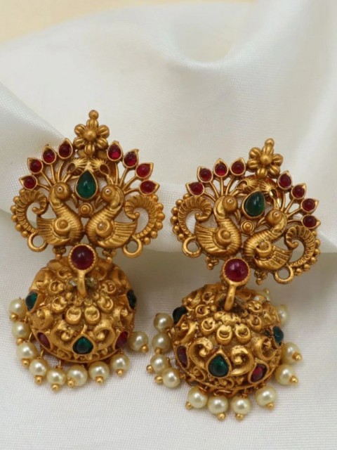 

LAFORWORD Gold-Plated Green & Pink Peacock Shaped Jhumkas Earrings
