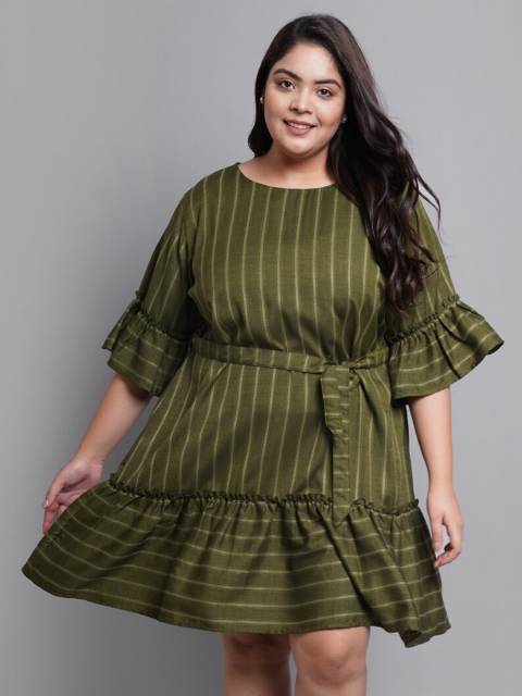 

PrettyPlus by Desinoor com Women Plus Size Green Striped Viscose Rayon Dress