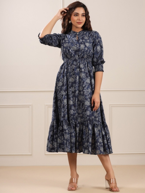

JISORA Women Blue Floral Printed Keyhole Neck Cotton A-Line Midi Dress
