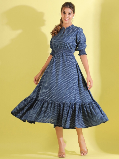 

JISORA Women Blue Printed Cotton Keyhole Neck Midi Dress