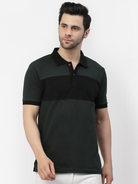 

Kalt Men Olive Green & Black Colourblocked Polo Collar T-shirt