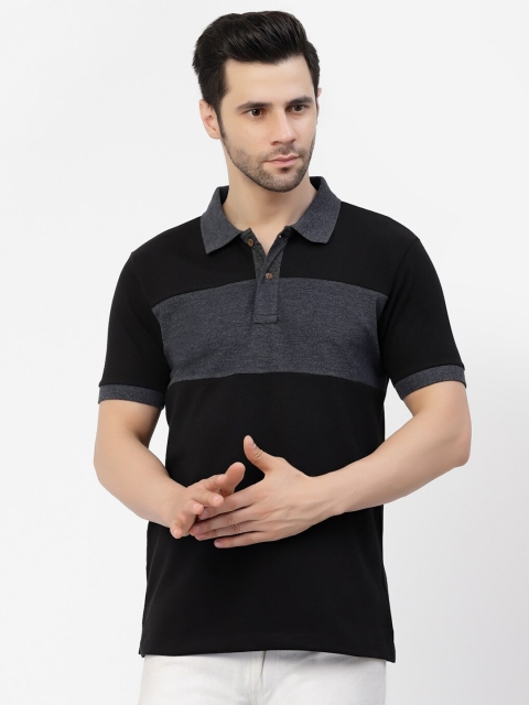 

Kalt Men Black & Grey Melange Colourblocked Polo Collar T-shirt
