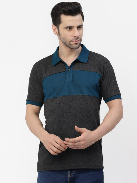 

Kalt Men Plus Size Grey Melange & Teal Blue Colourblocked Polo Collar T-shirt
