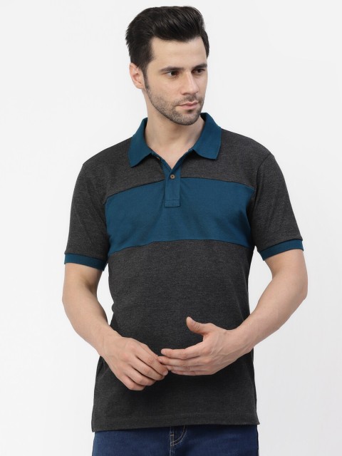 

Kalt Men Grey Melange & Teal Blue Colourblocked Polo Collar T-shirt