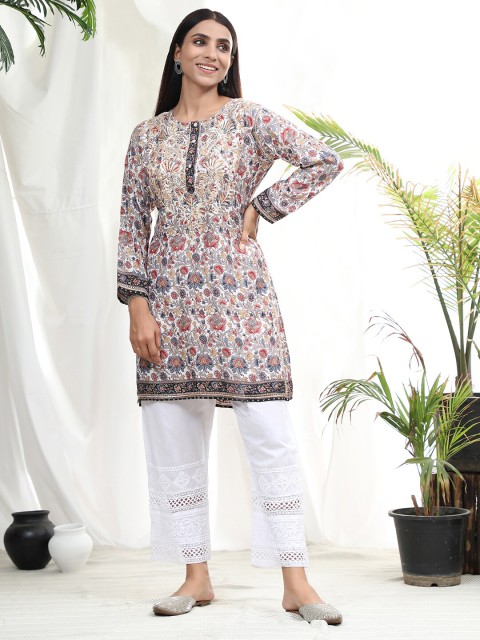 

HOUSE OF KARI Women Off White & Blue Floral Printed Chikankari Floral Kurta