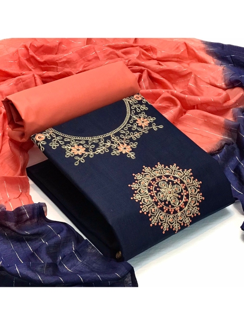 

MORLY Blue & Peach-Coloured Embroidered Unstitched Dress Material