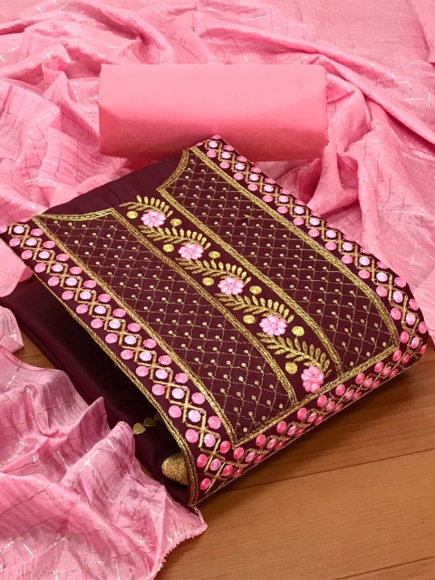 

MORLY Maroon & Pink Embellished Unstitched Dress Material