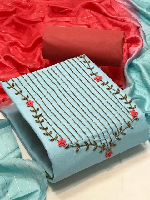 

MORLY Women Turquoise Blue & Red Embellished Unstitched Dress Material