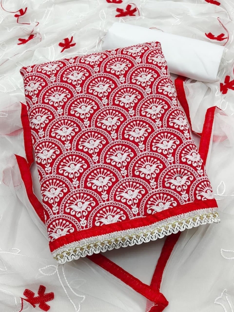 

MORLY Red & White Embellished Unstitched Dress Material
