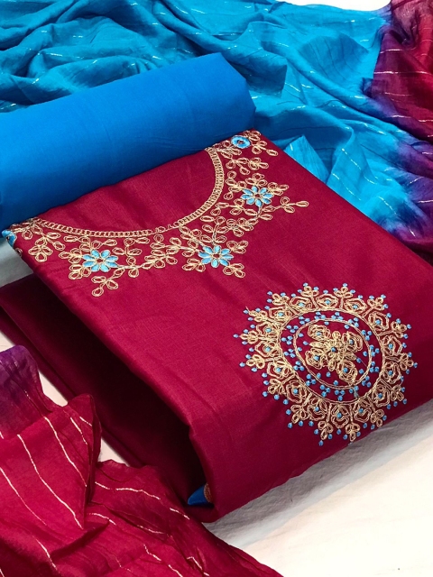 

MORLY Maroon & Blue Embroidered Unstitched Dress Material