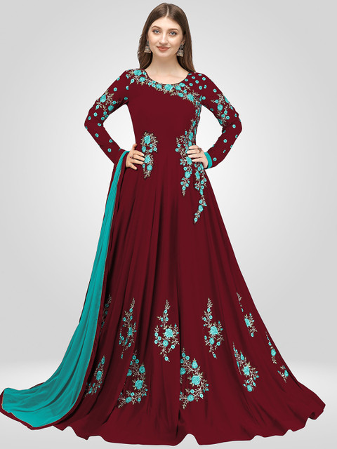 

Nivah Fashion Women Maroon Embroidered Pleated Thread Work Kurta with Salwar & With Dupatta
