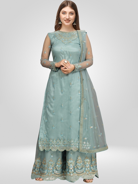 

Nivah Fashion Women Blue Embroidered Sequinned Kurti with Sharara & With Dupatta