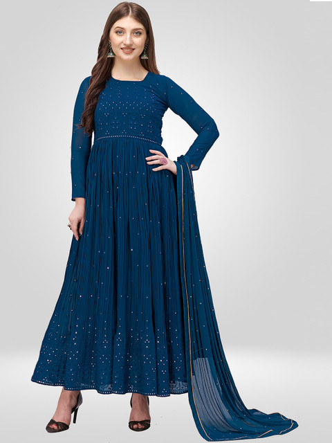 

Nivah Fashion Women Teal Embroidered Pleated Mirror Work Kurti with Salwar & With Dupatta