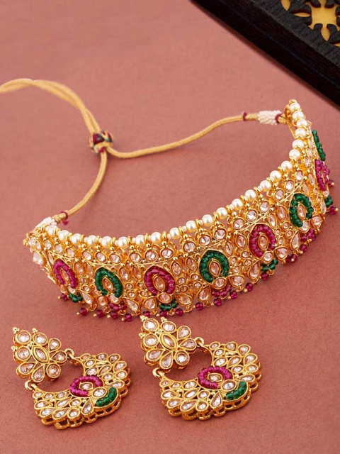 

Voylla Gold-Plated Pink & Green Stone-Studded & Faux Pearl-Beaded Jewellery Set