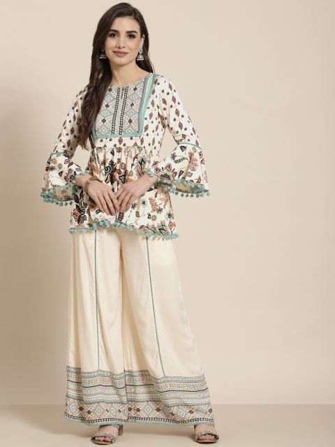 

Juniper Women Floral Printed Kurti with Palazzo, Off white