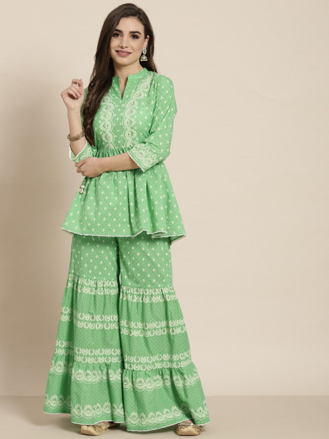 

Juniper Women Floral Printed Empire Pure Cotton Kurti with Sharara, Green