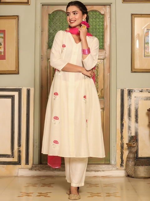 

Mirari Women Floral Embroidered Kurta with Trousers & With Dupatta, White