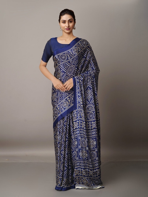 

Unnati Silks Navy Blue & Off White Bandhani Saree