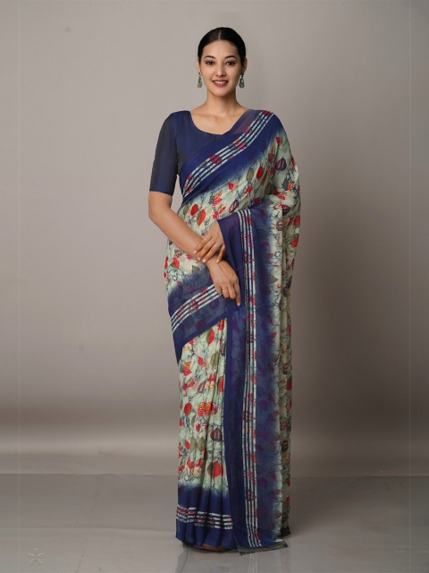 

Unnati Silks Green & Red Ethnic Motifs Block Print Saree
