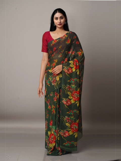 

Unnati Silks Green & Red Floral Block Print Saree