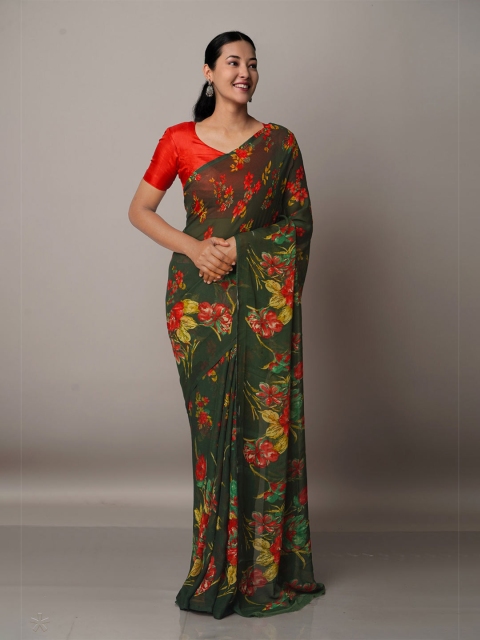 

Unnati Silks Green & Red Floral Block Print Saree