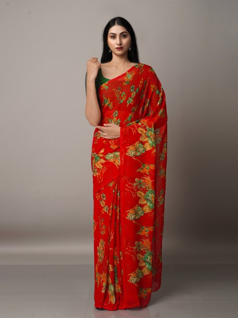 

Unnati Silks Red & Green Floral Block Print Saree