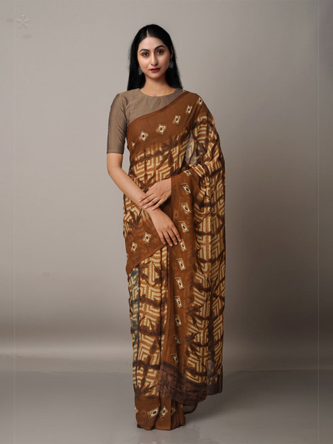 

Unnati Silks Brown & White Ethnic Motifs Block Print Saree