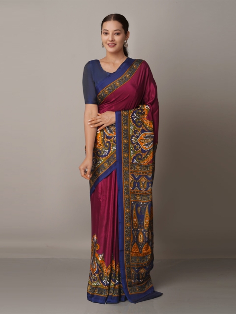 

Unnati Silks Purple & Navy Blue Ethnic Motifs Block Print Saree