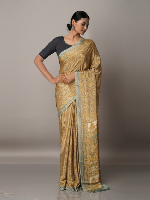 

Unnati Silks Cream-Coloured & Grey Ethnic Motifs Block Print Saree