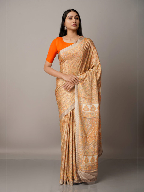 

Unnati Silks Orange & Off White Ethnic Motifs Block Print Saree