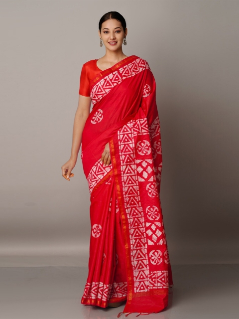 

Unnati Silks Red & Off White Batik Silk Blend Chanderi Saree