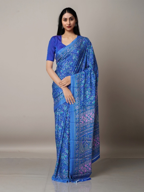 

Unnati Silks Blue & Pink Ethnic Motifs Block Print Saree