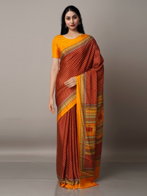 

Unnati Silks Maroon & Yellow Ethnic Motifs Block Print Saree