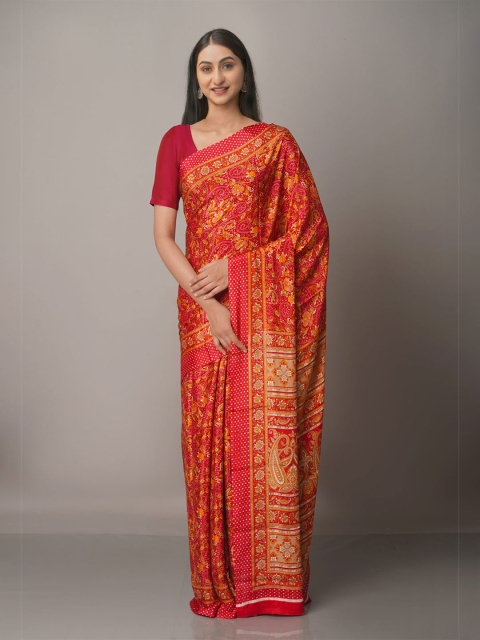 

Unnati Silks Maroon & Yellow Ethnic Motifs Block Print Saree