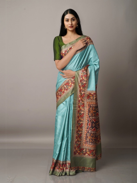 

Unnati Silks Blue & Red Ethnic Motifs Block Print Saree