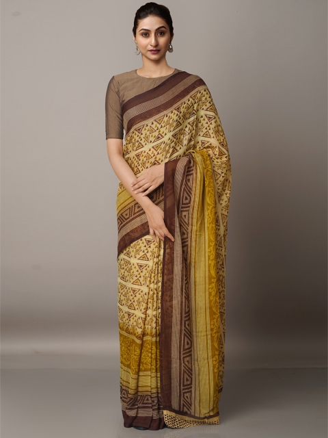 

Unnati Silks Yellow & Brown Block Print Saree