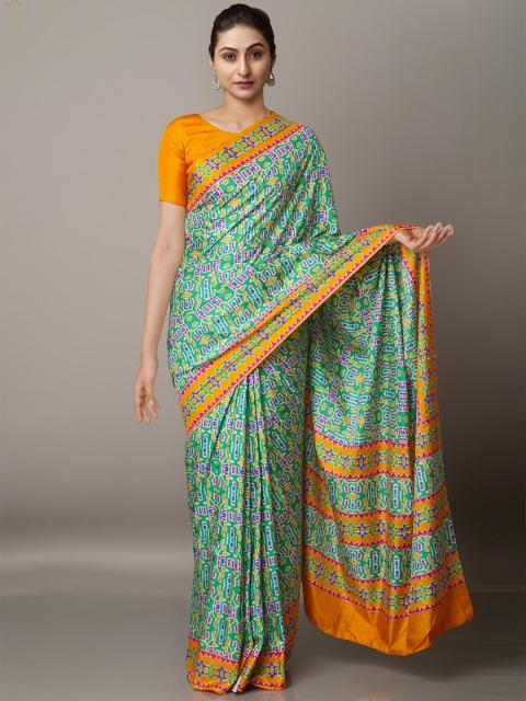 

Unnati Silks Green & Mustard Ethnic Motifs Silk Blend Ikat Saree