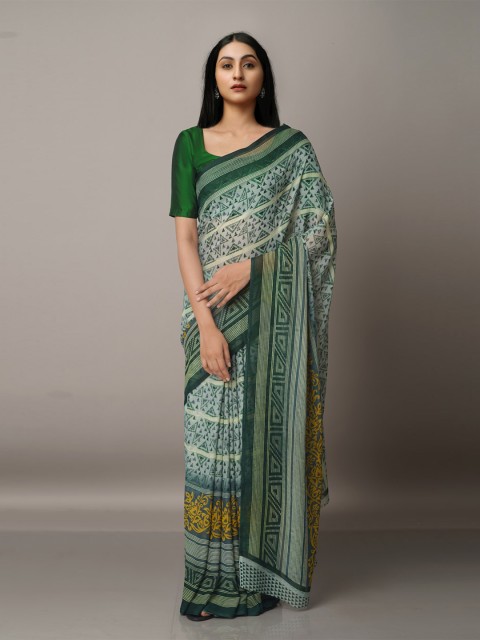 

Unnati Silks Green & Yellow Ethnic Motifs Block Print Saree