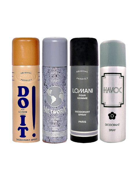 

Lomani Deo Combo 4pc Do it + Network + Pour Homme + Havoc Deodorant 200ml, Brown