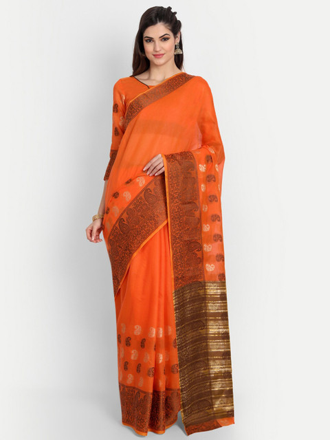 

BAPS Orange & Brown Paisley Woven Design Saree