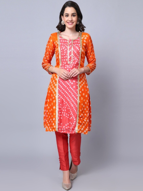 

anokherang Women Bandhani Printed with Gotta Patti Pure Silk Kurta & Trouser, Orange
