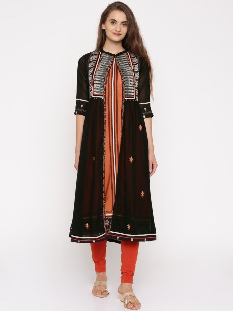 

W Women Black & Orange Solid Straight Kurta