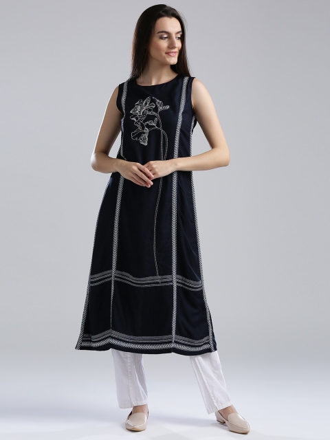 

W Women Navy Embroidered A-Line Kurta, Navy blue